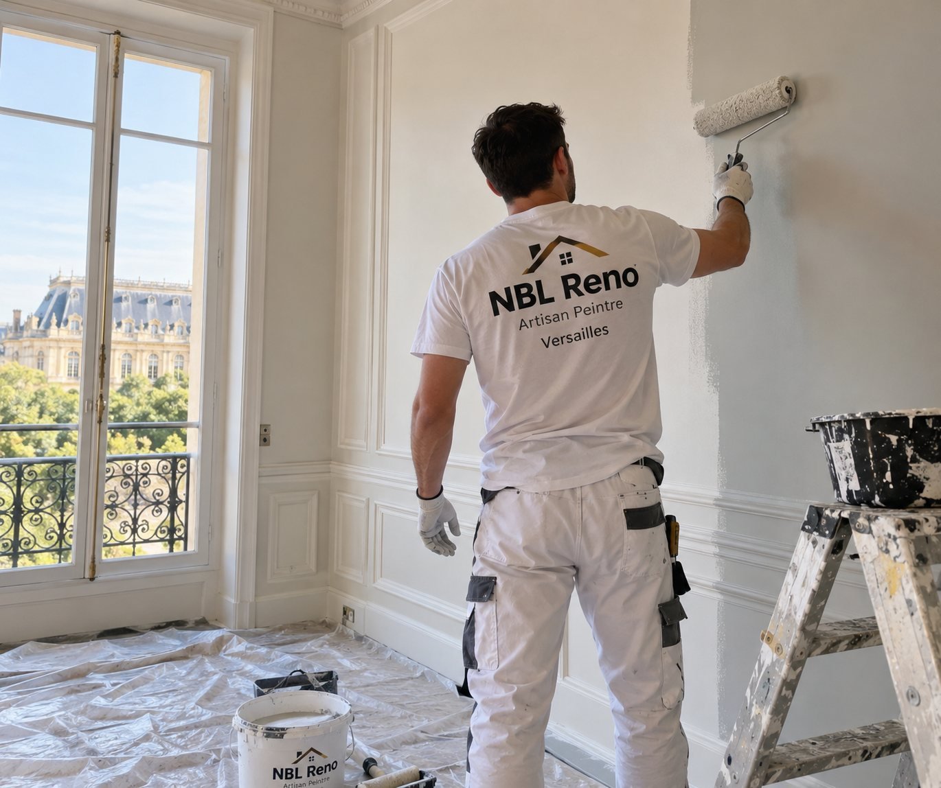Artisan peintre NBL Reno appliquant la peinture au rouleau sur un mur d'appartement à Versailles, 78000
