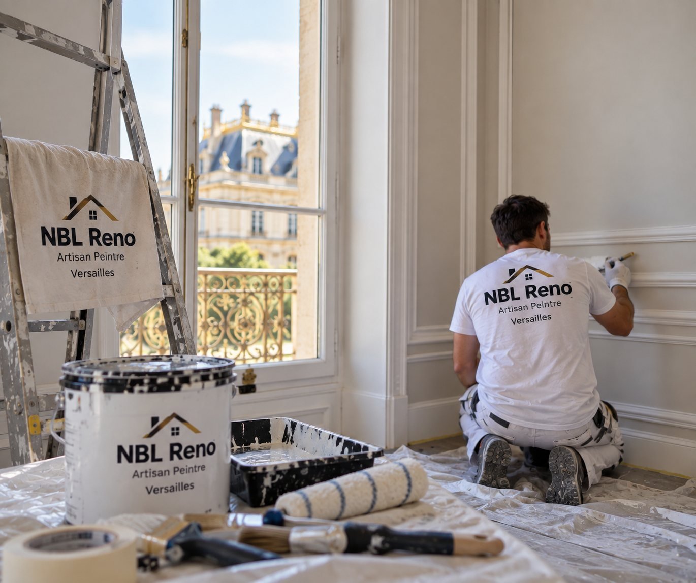 Chantier de peinture NBL Reno à Versailles : seau, rouleaux et bâche devant une fenêtre donnant sur un immeuble versaillais